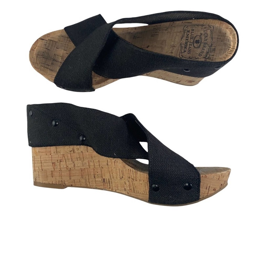 Lucky Brand Miller 2 Stretchy Strap Black Cork Wedge Sandal sz 8